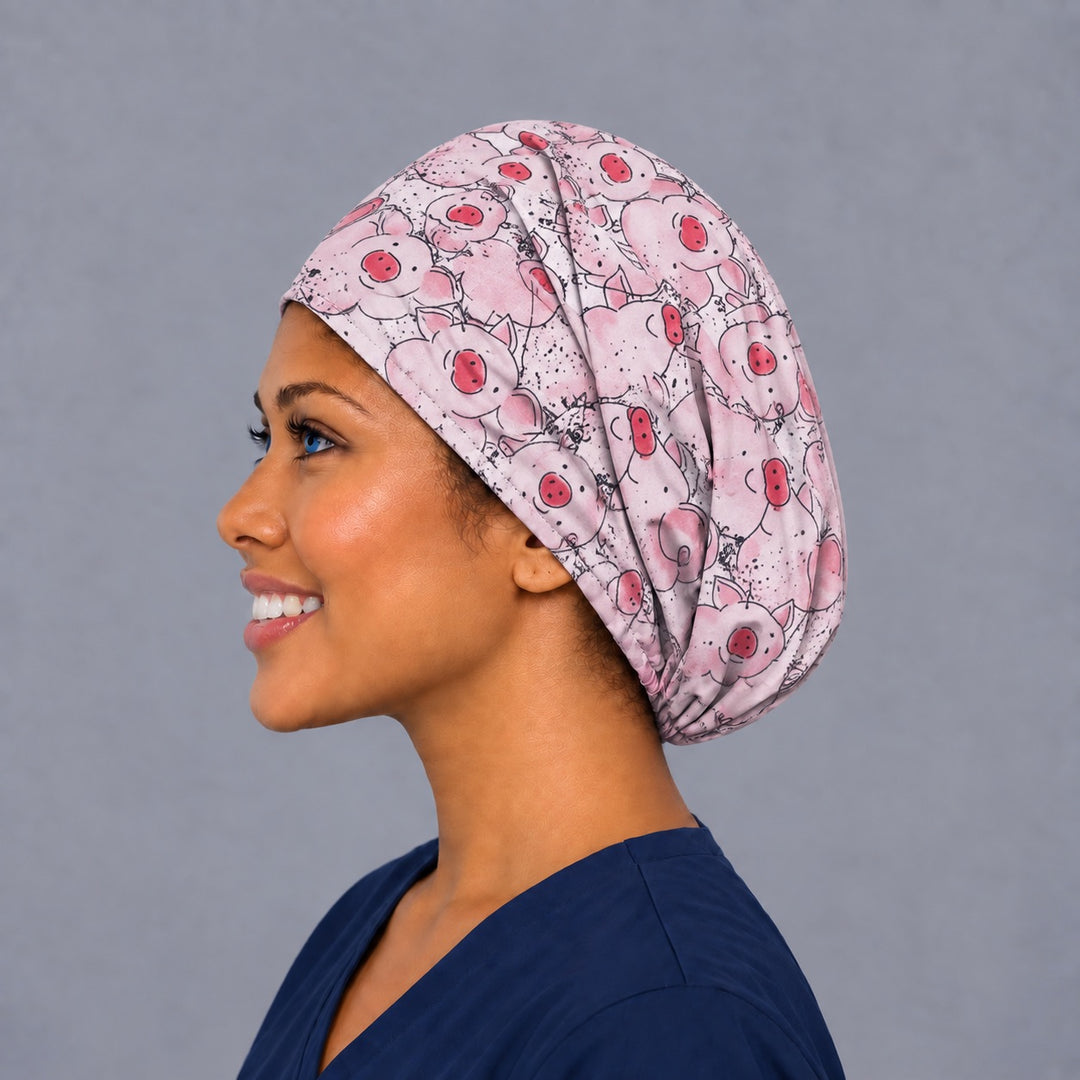 Cute piglet Euro cap, left side profile — handmade pink pig surgical cap, USA made