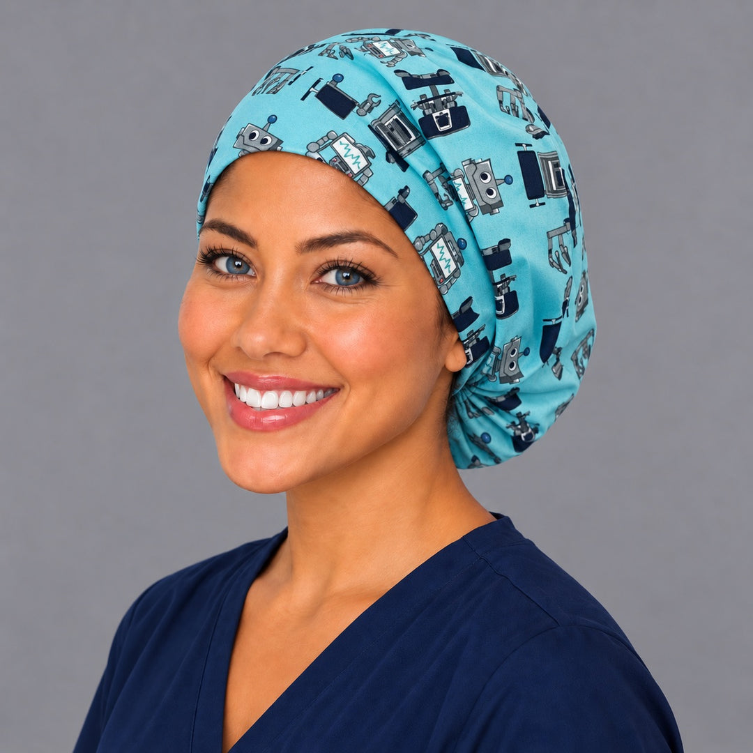 Cute robot Euro scrub cap, right angled smiling view — EKG-screen robots for OR nurses and surgical techs