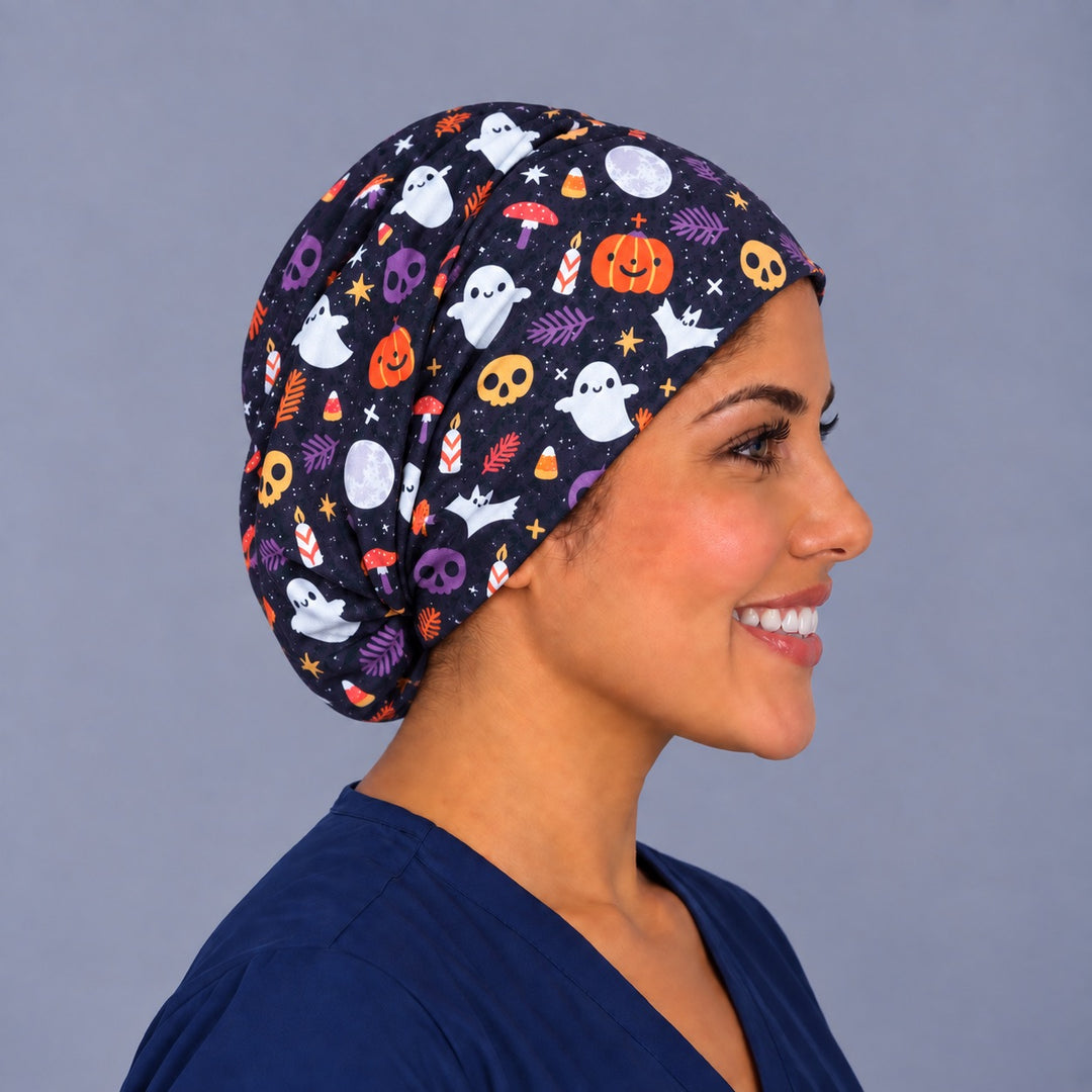 Cute seasonal Euro scrub cap, left angled view — elastic adjustable back that secures long or thick hair