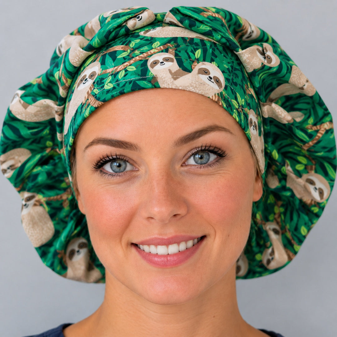 Cute sloth bouffant scrub cap for women, front view, sloths in green tropical jungle leaves, handmade animal print surgical hat by OR World