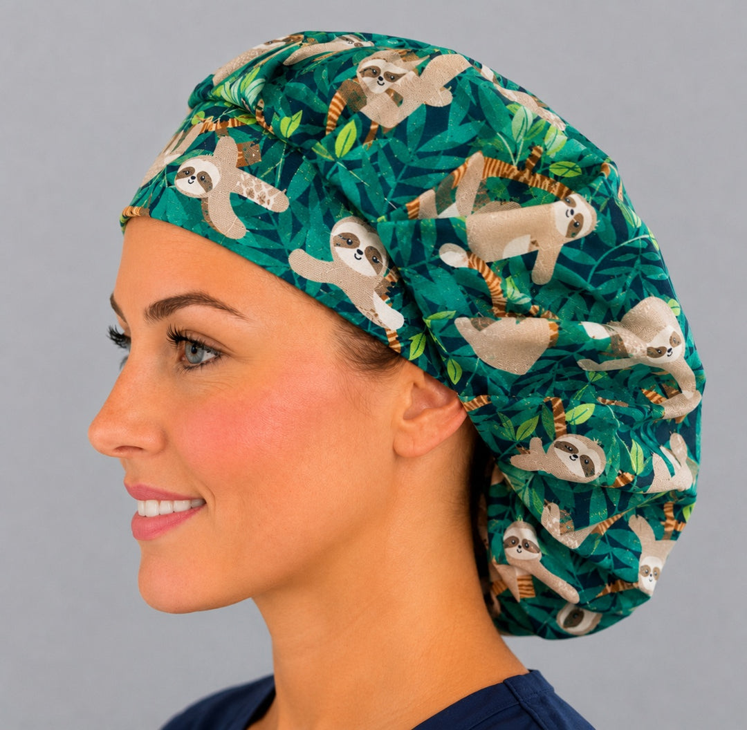 Cute sloth bouffant scrub cap left side profile showing sloths and tropical leaves on green, women&