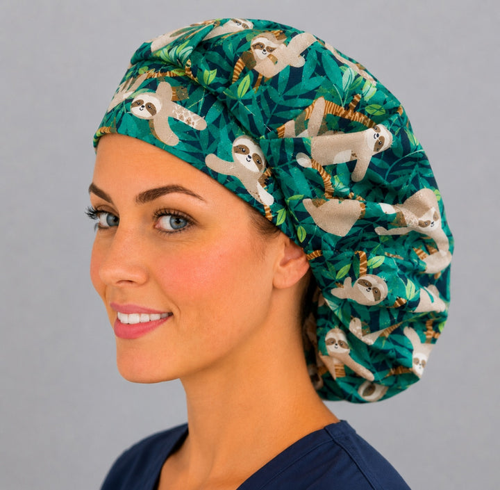 Cute sloth bouffant scrub cap right side profile showing sloths in green tropical jungle leaves, OR World animal nurse hat