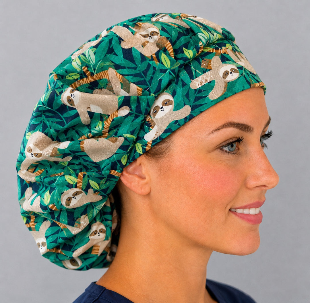 Cute sloth bouffant surgical cap right three-quarter angle on smiling model showing sloths and tropical jungle leaves on green, OR World animal nurse hat