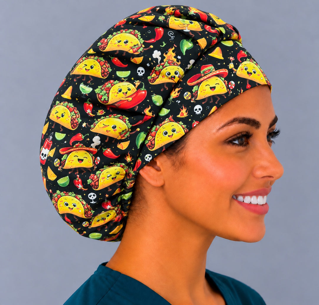 Cute taco bouffant surgical hat, right angled smiling view — sombrero tacos and margaritas, handmade in the USA