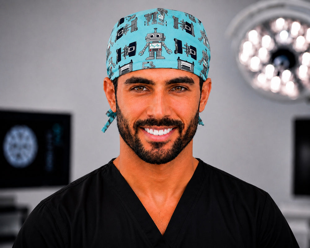 Da Vinci robot tie-back scrub cap on a male OR nurse, front view — men's robotic surgery team surgical hat in teal