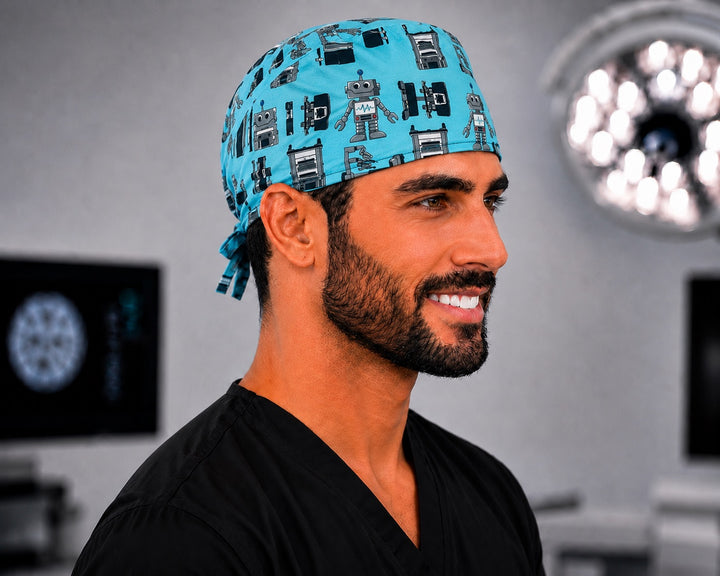 Male surgical tech wearing the Da Vinci robot tie-back scrub cap, side profile — robotic surgery team OR cap for men