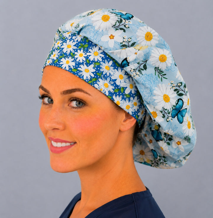 Daisy butterfly bouffant scrub cap side view — lightweight cotton spring floral surgical cap for women with elastic adjustable fit