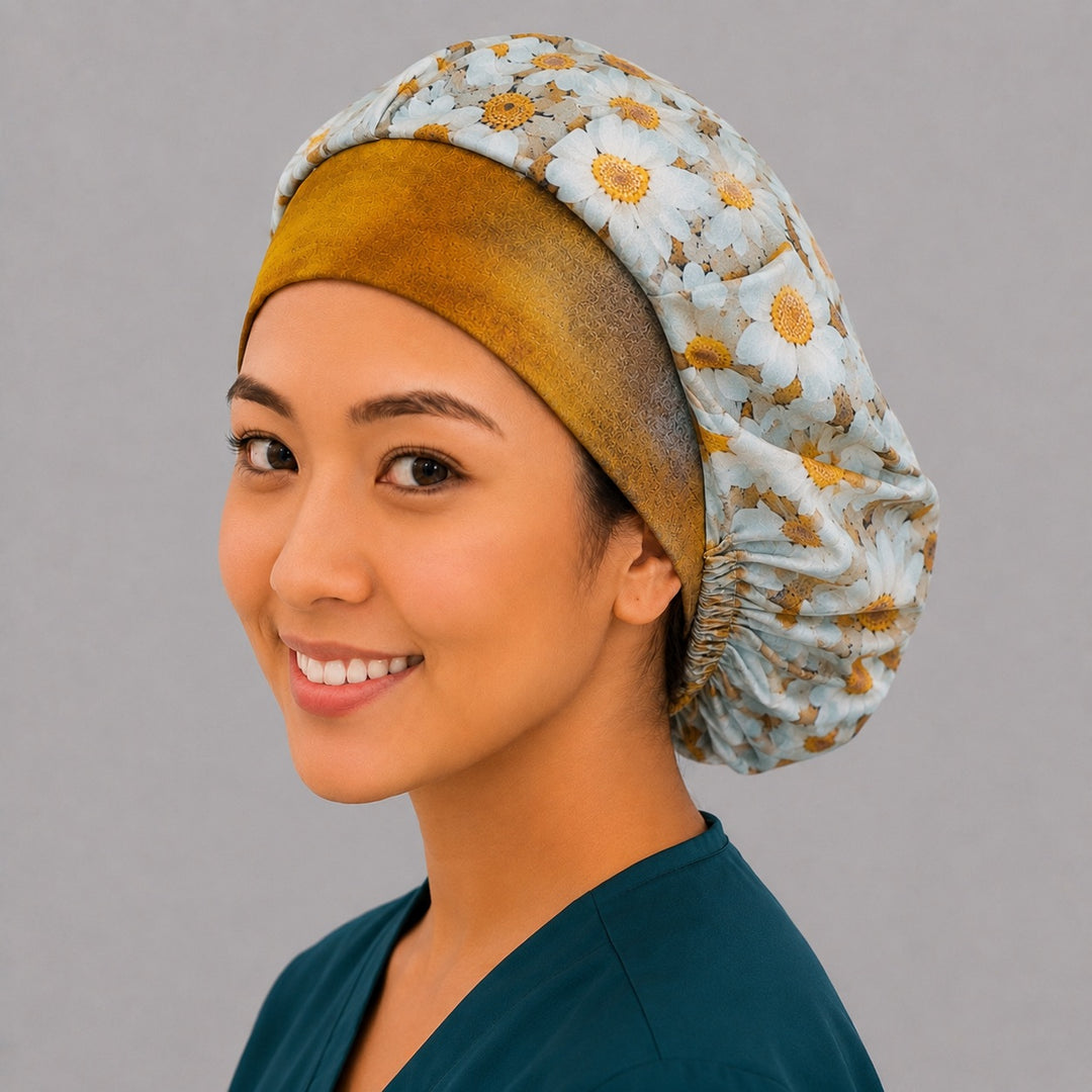 Daisy print bouffant surgical cap for long hair, side view — white daisies on cream with gold band, breathable cotton