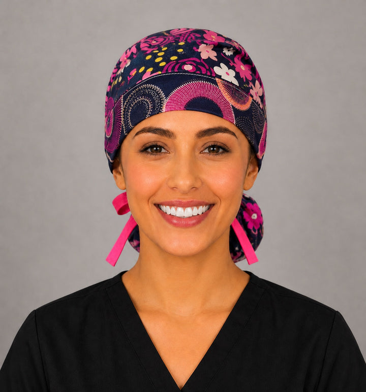 Dark brown floral ponytail nurse cap left three-quarter angle on smiling model showing pink, yellow and white flowers with pink sunburst band and pink ribbon bow