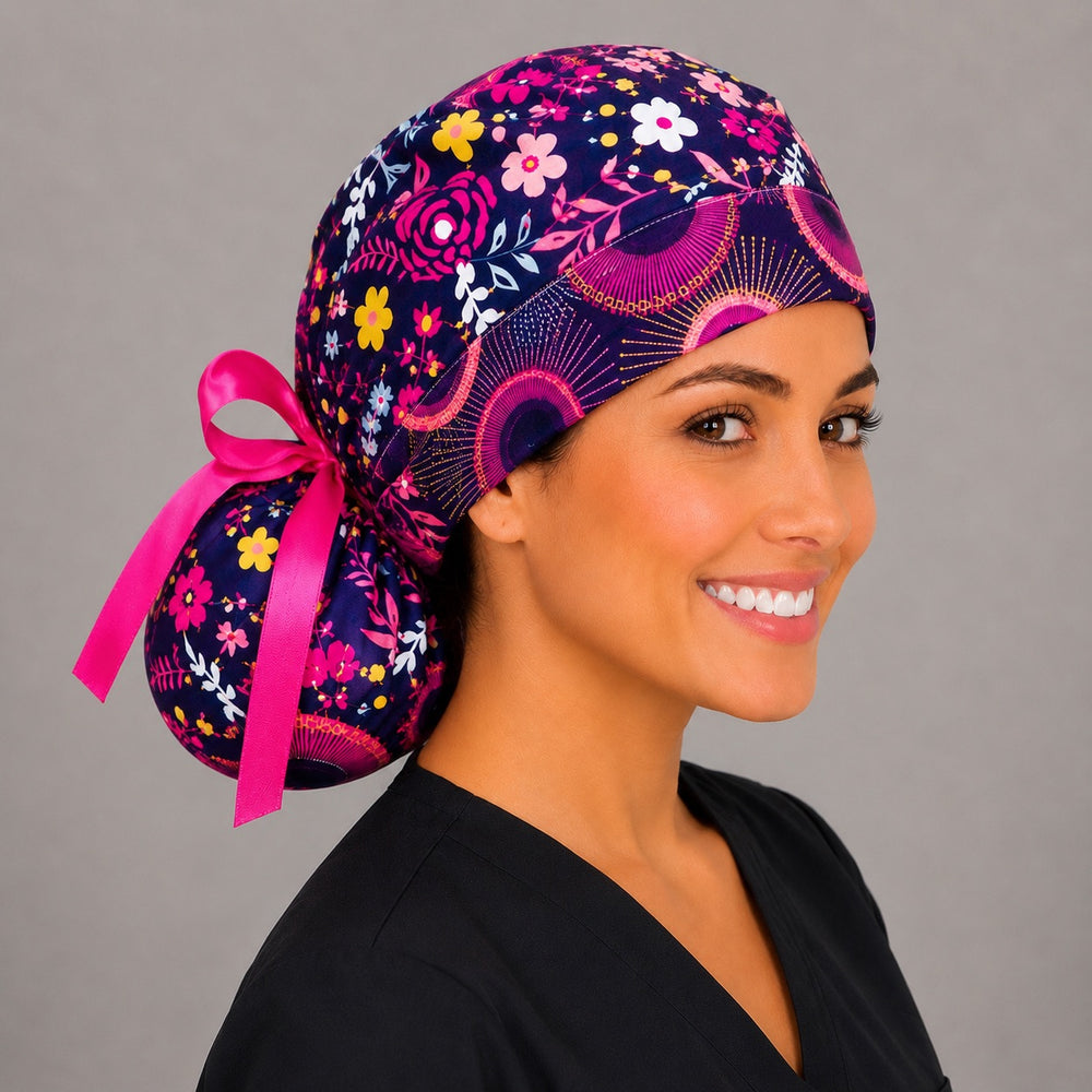 Dark brown floral ponytail surgical cap right side profile showing gathered ponytail pouch of pink, yellow and white flowers with pink ribbon tie
