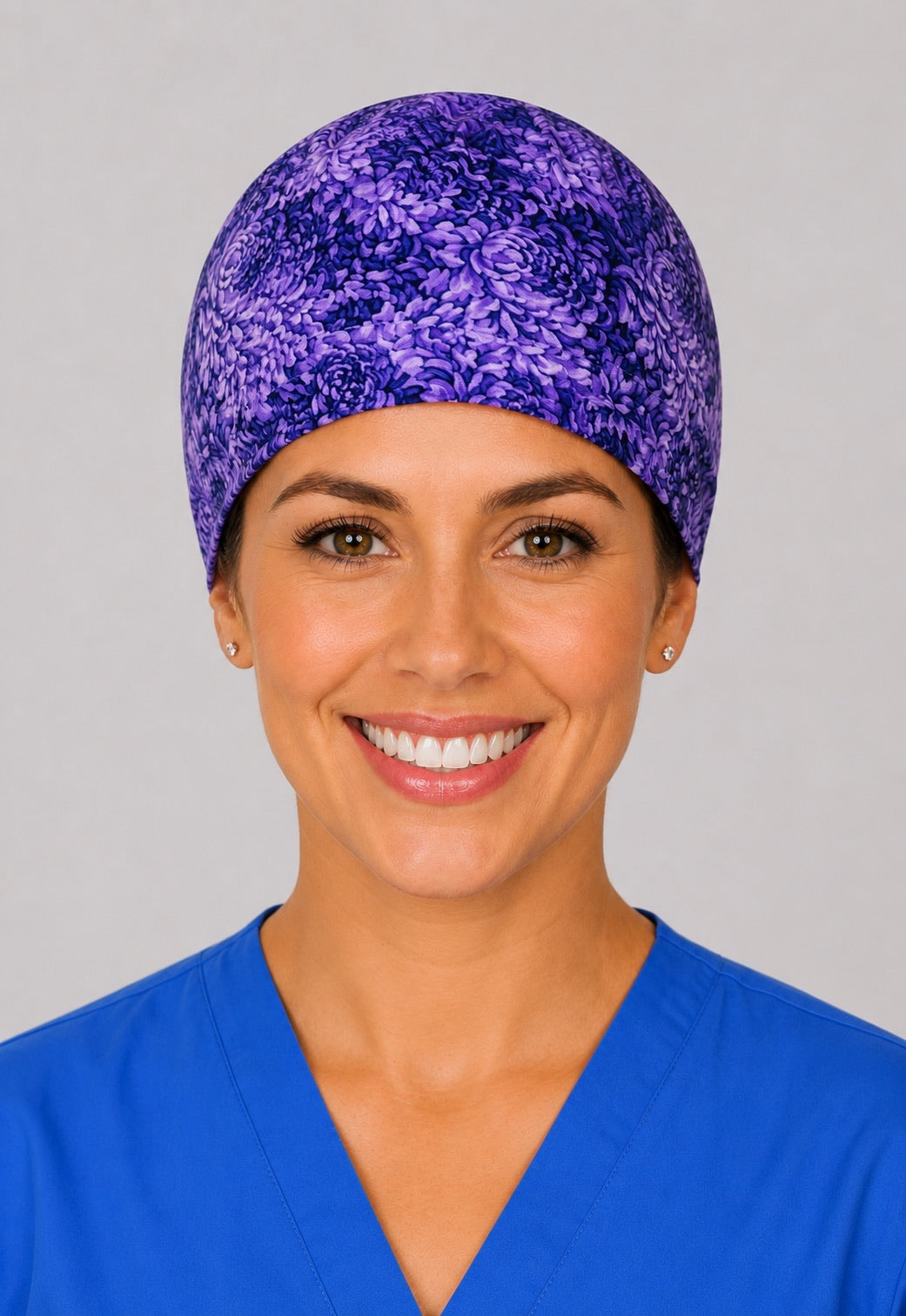 Side view of dark purple floral euro scrub cap for OR techs, surgical techs and vet techs