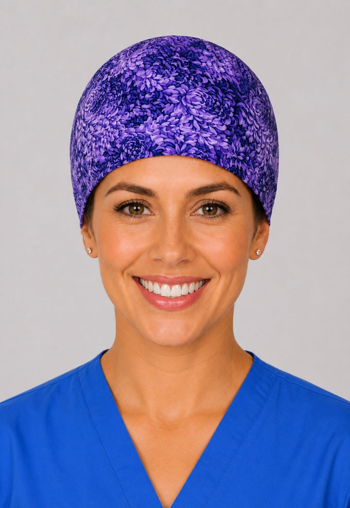 Side view of dark purple floral euro scrub cap for OR techs, surgical techs and vet techs