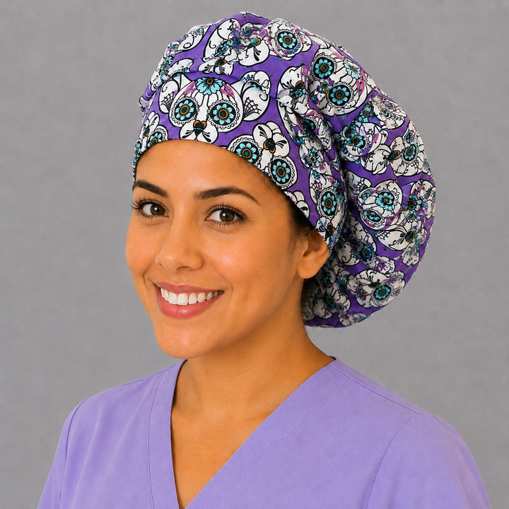Day of the Dead cat bouffant surgical cap for long hair, left angled view — deep gathered fit that secures thick or braided hair