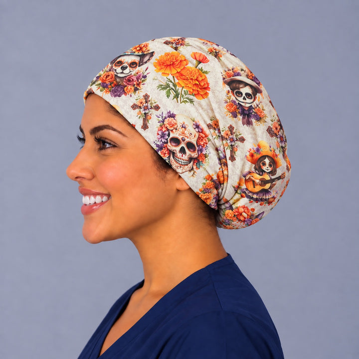 Left profile of the cream Day of the Dead Euro surgical cap showing the gathered back that holds long hair, gorro quirúrgico mexicano handmade in the USA