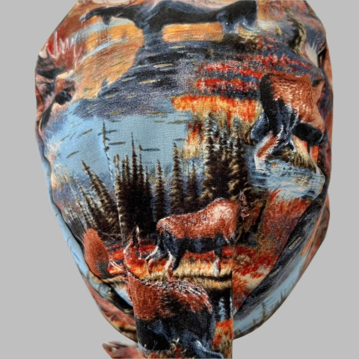 Back view of deer &amp; moose wilderness tie-back scrub cap — handmade-in-USA OR World surgical hat, great gift for surgeons &amp; nurses.