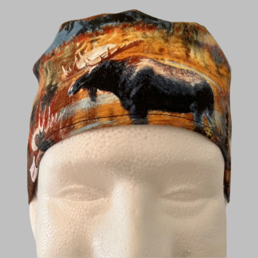 Front view of deer & moose wilderness scrub cap — handmade USA unisex surgical hat for veterinarians, surgeons & OR nurses.