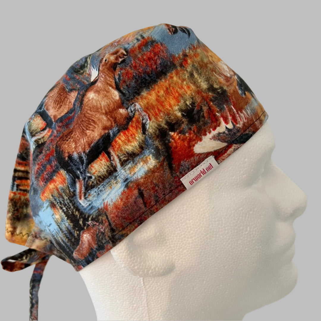 Side view of rustic deer &amp; moose wilderness tie-back scrub cap — handmade-in-USA surgical hat for vets, vet techs &amp; surgical techs.