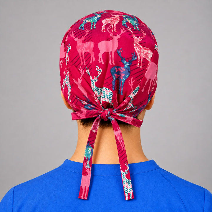Rear knot and ties on deer silhouette scrub hat, adjustable unisex closure shown from behind