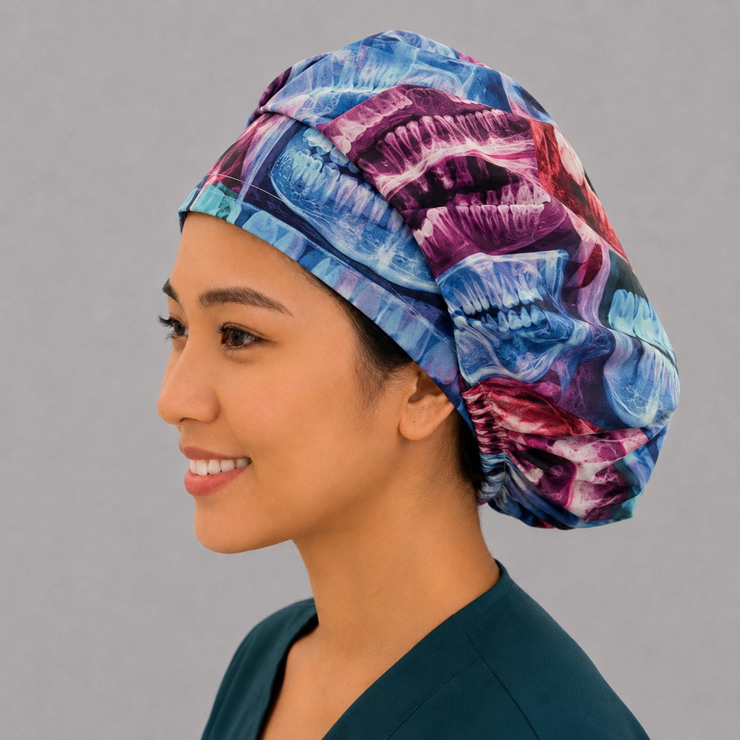 Side view of the dental X-ray bouffant surgical cap — bright teeth and wisdom-tooth X-ray print with elastic band, roomy cap for dental hygienists