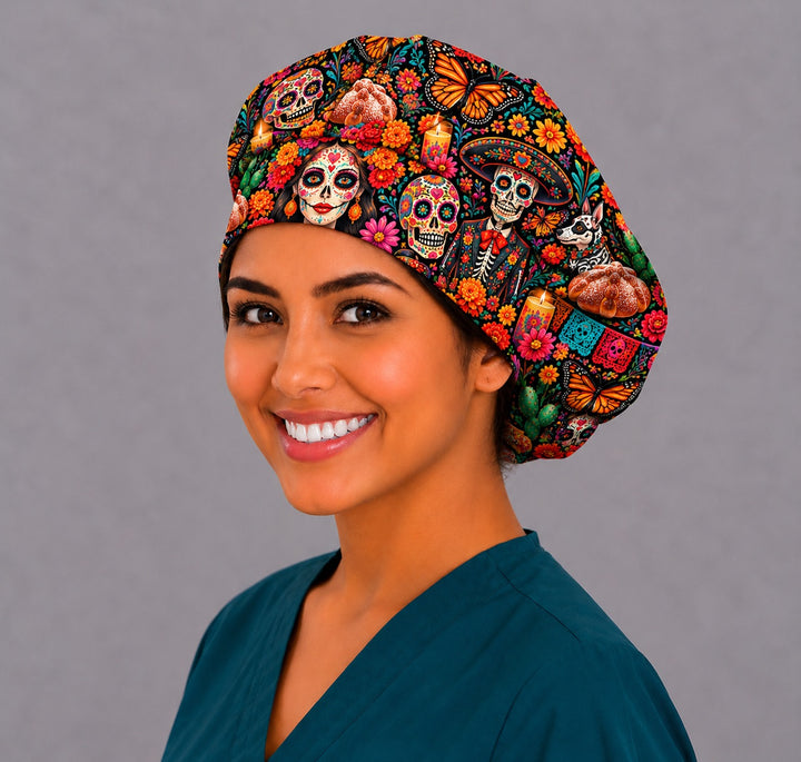 Smiling Latina nurse wearing a Día de los Muertos bouffant scrub cap with sugar skulls, catrina, marigolds and papel picado, left angle view of the OR World original Mexican surgical hat