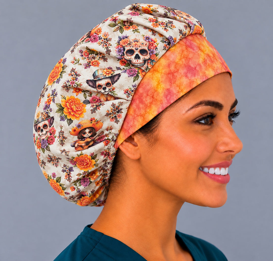 Día de los Muertos bouffant scrub cap, right side profile — sugar skull and chihuahua print with orange contrast band
