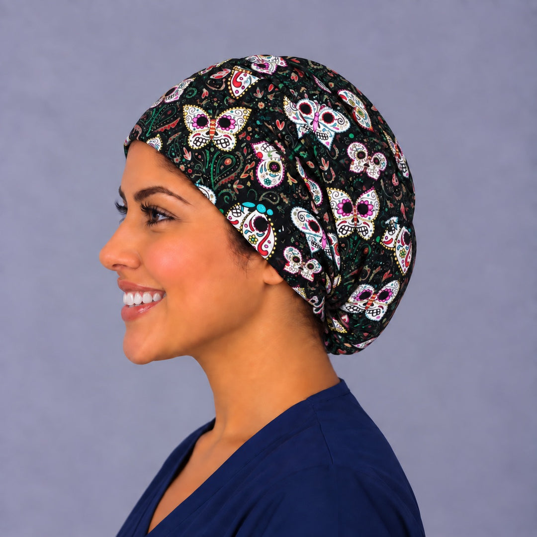 Día de los Muertos butterfly Euro cap, left side profile — handmade paisley print surgical cap, USA made