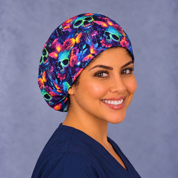 Día de los Muertos butterfly Euro scrub cap, right three-quarter view, gorro quirúrgico mexicano de calaveras neón, handmade in USA