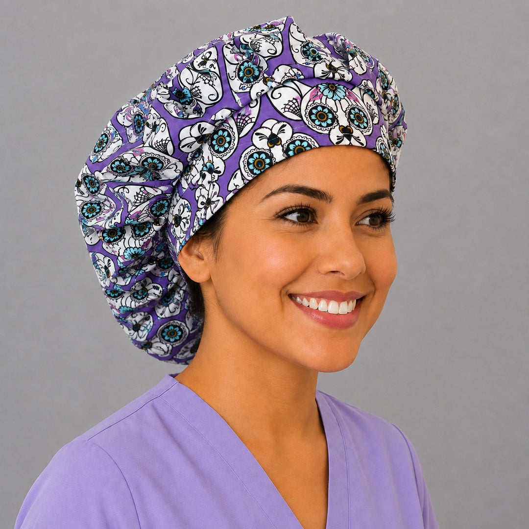 Día de los Muertos cat bouffant surgical hat, right angled view — ornate skull cat print, roomy breathable cotton cap for nurses