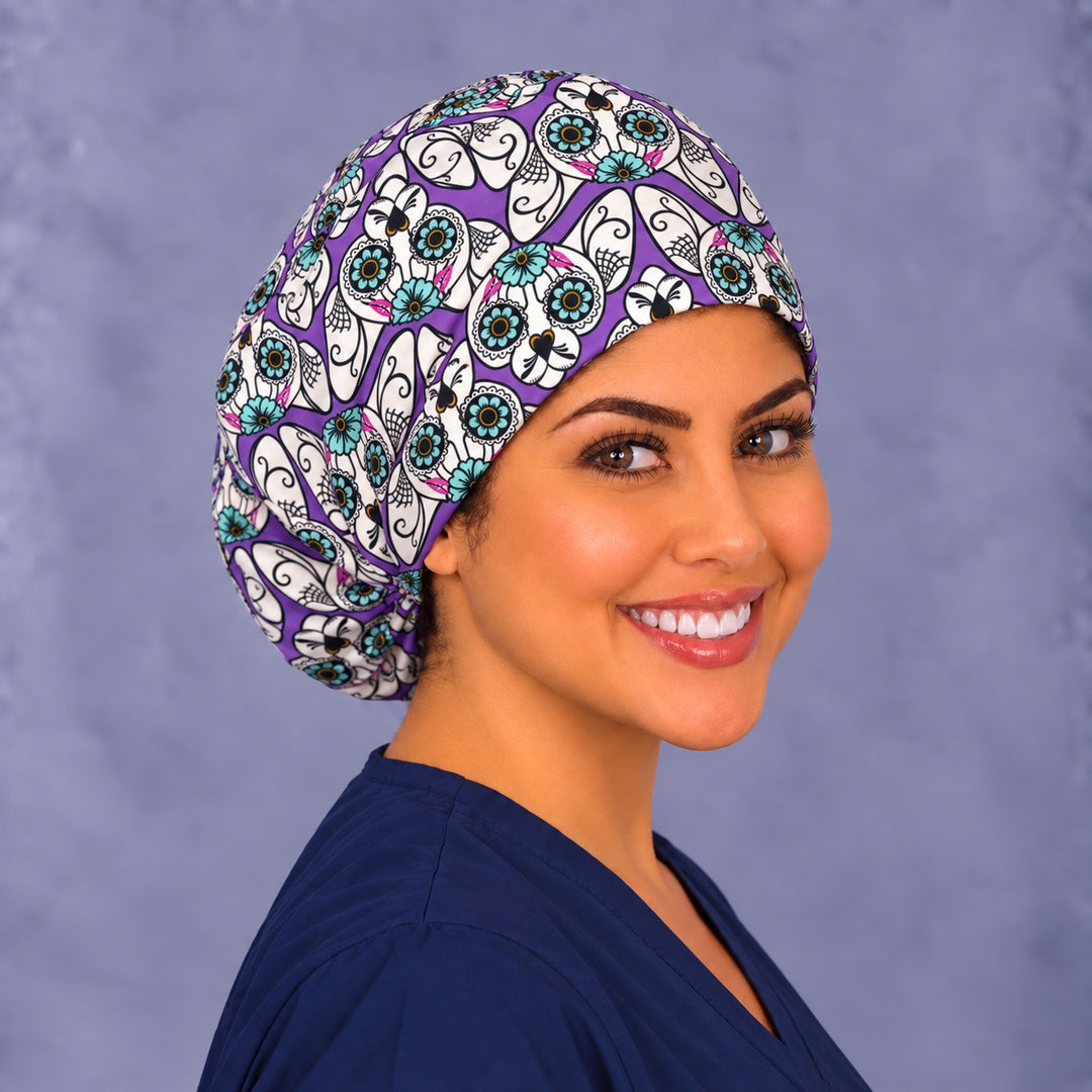 Día de los Muertos cat Euro scrub cap, right three-quarter view, gorro quirúrgico mexicano de gatos calavera, handmade in USA