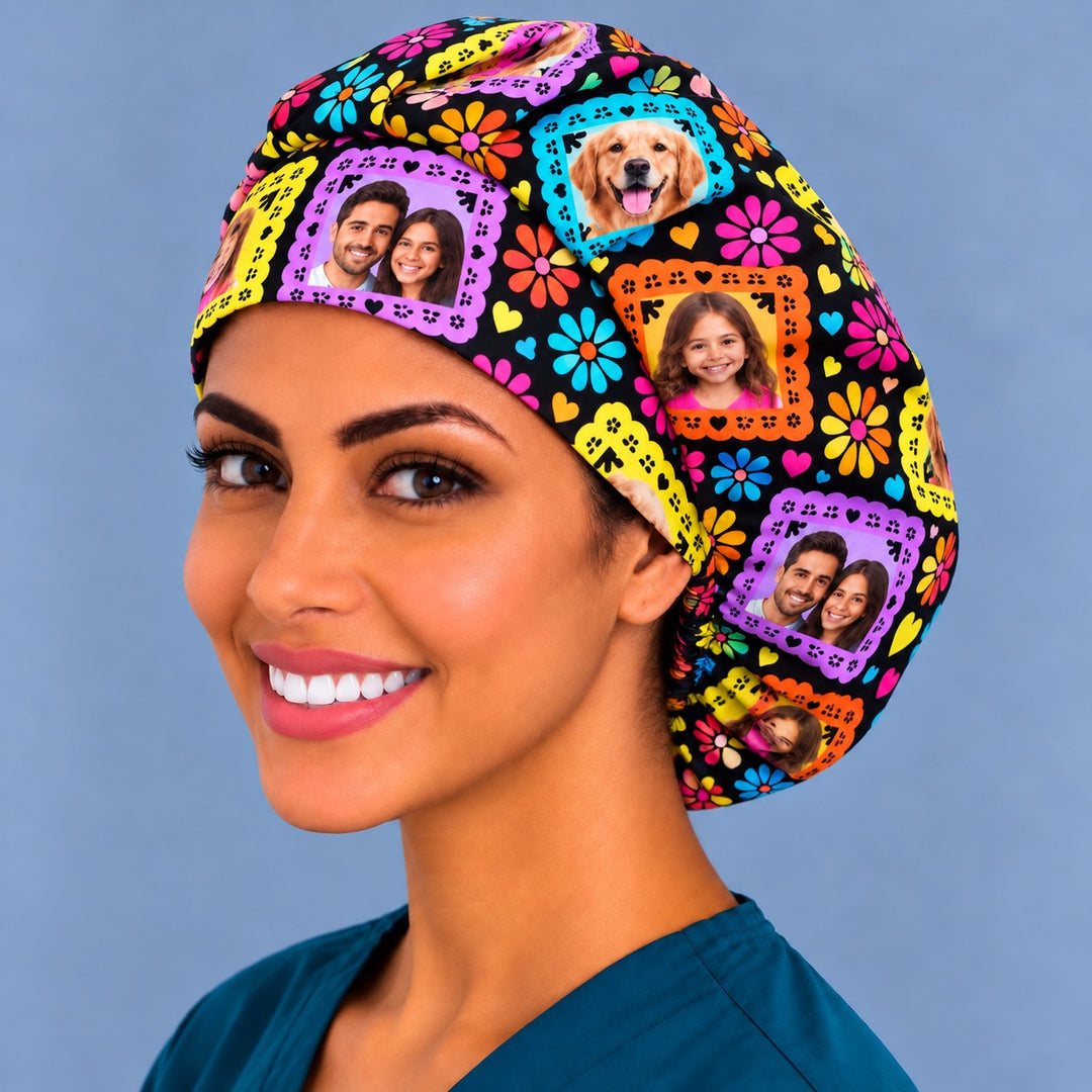 Left three-quarter angle of a smiling healthcare worker in a Día de los Muertos custom bouffant, with neon daisies and hearts between the photo frames at true print scale