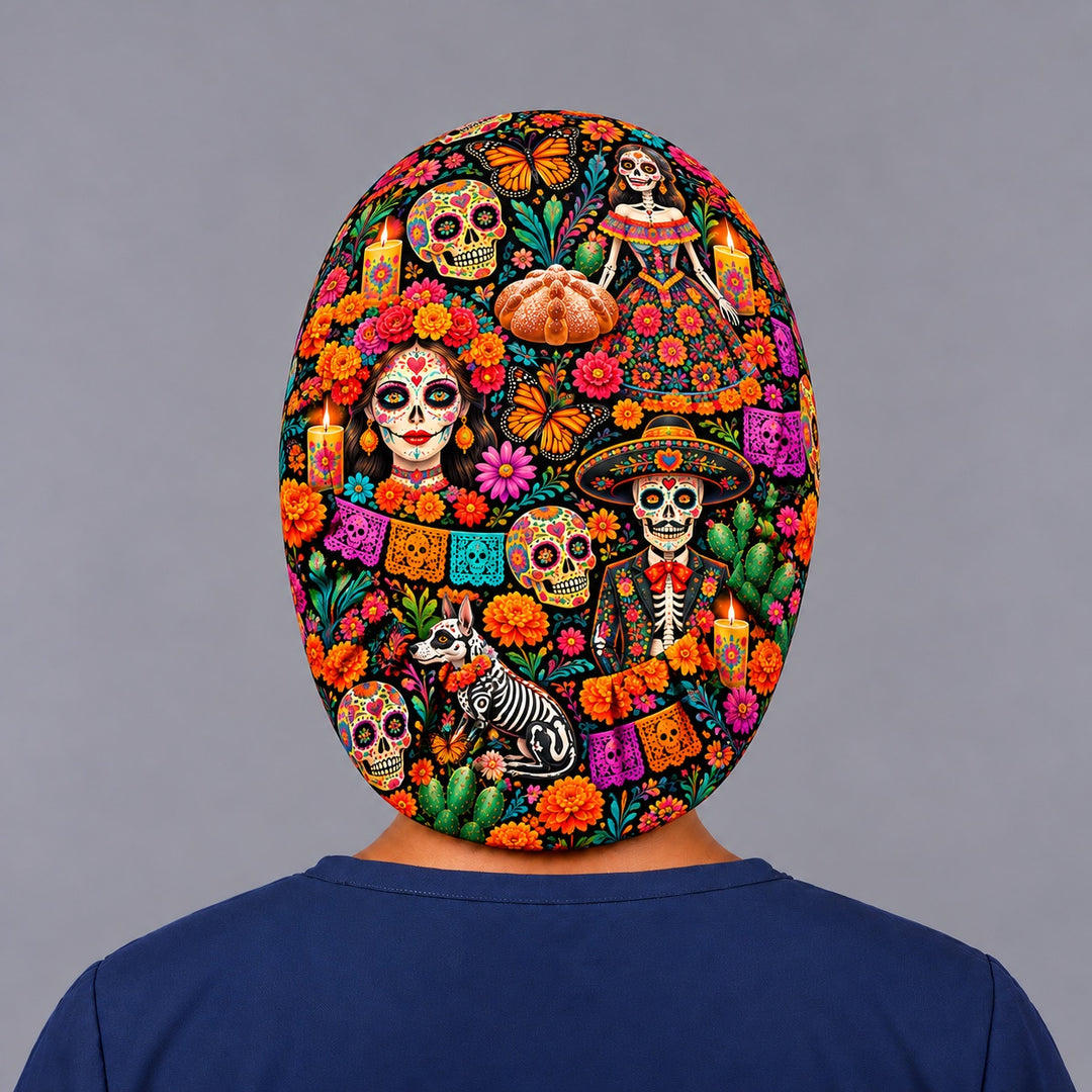 Back view of a Día de los Muertos Euro scrub cap showing the smooth rounded crown and full ofrenda print with catrina, calavera couple, Xolo dog and candles
