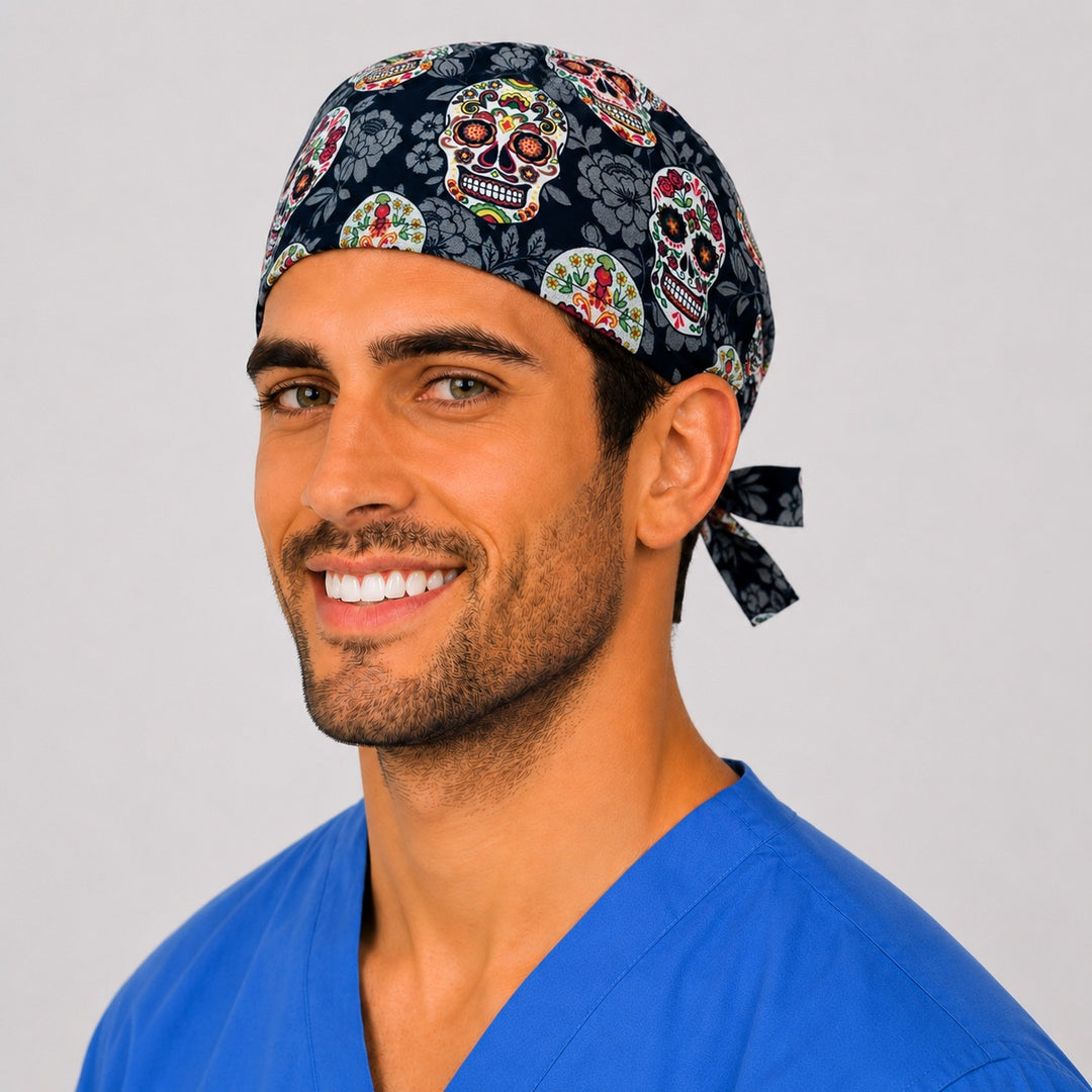 Dia de los Muertos sugar skull surgical cap angled view — floral skull tie-back scrub cap for men, Halloween nurse gift, one size fits most