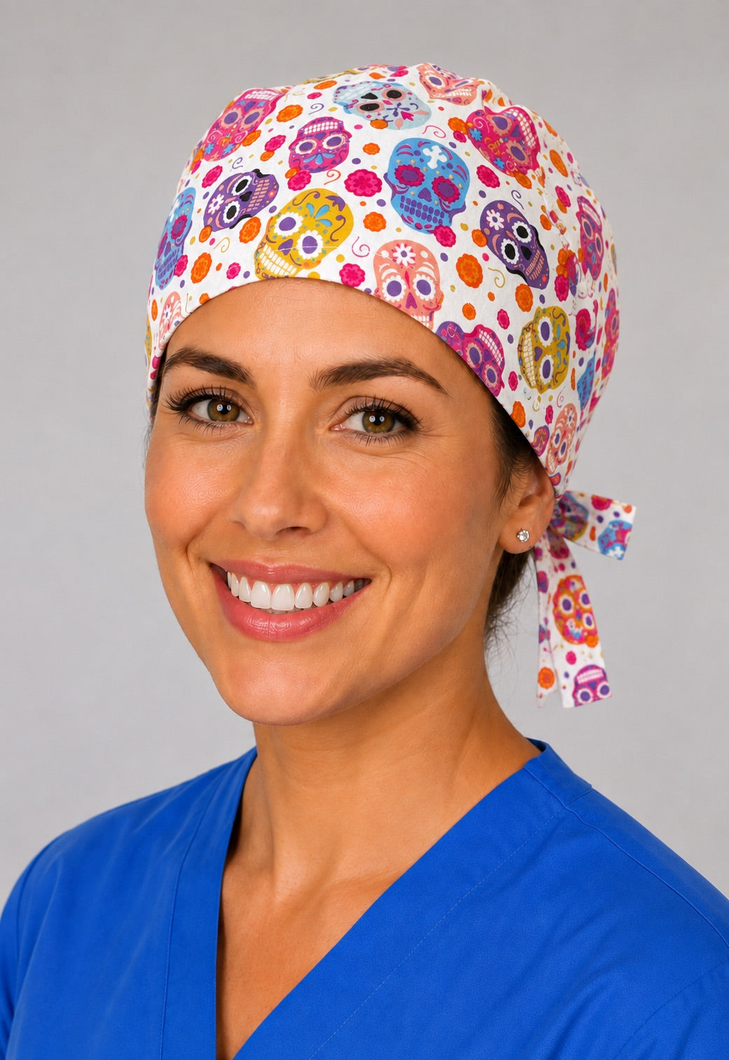 Three-quarter view of Dia de los Muertos sugar skull unisex adjustable surgical hat for nurses and surgical techs
