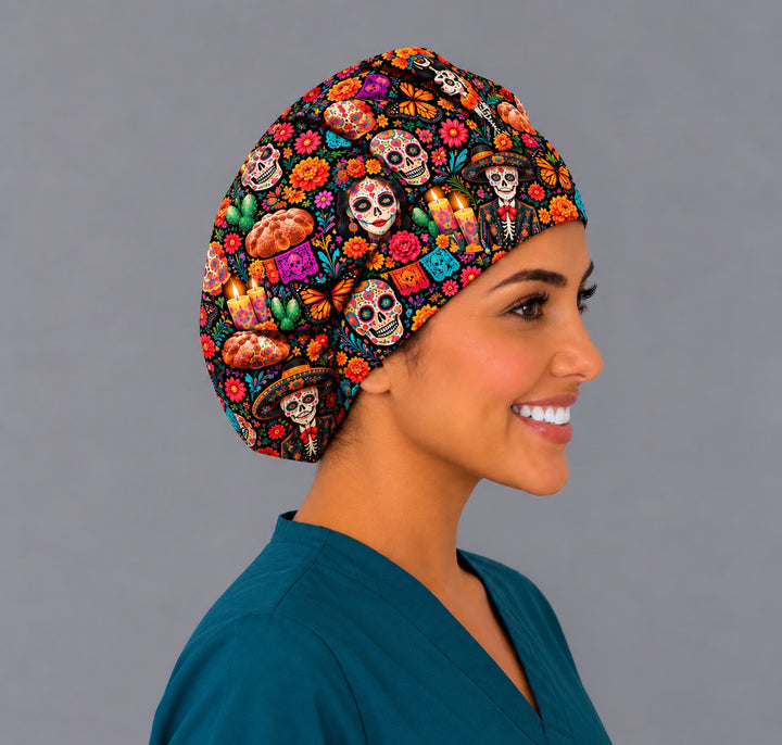 Right profile of a Día de Muertos gorro quirúrgico bouffant with roomy fit for long thick hair, covered in sugar skulls, candles and nopal cactus, OR World original print