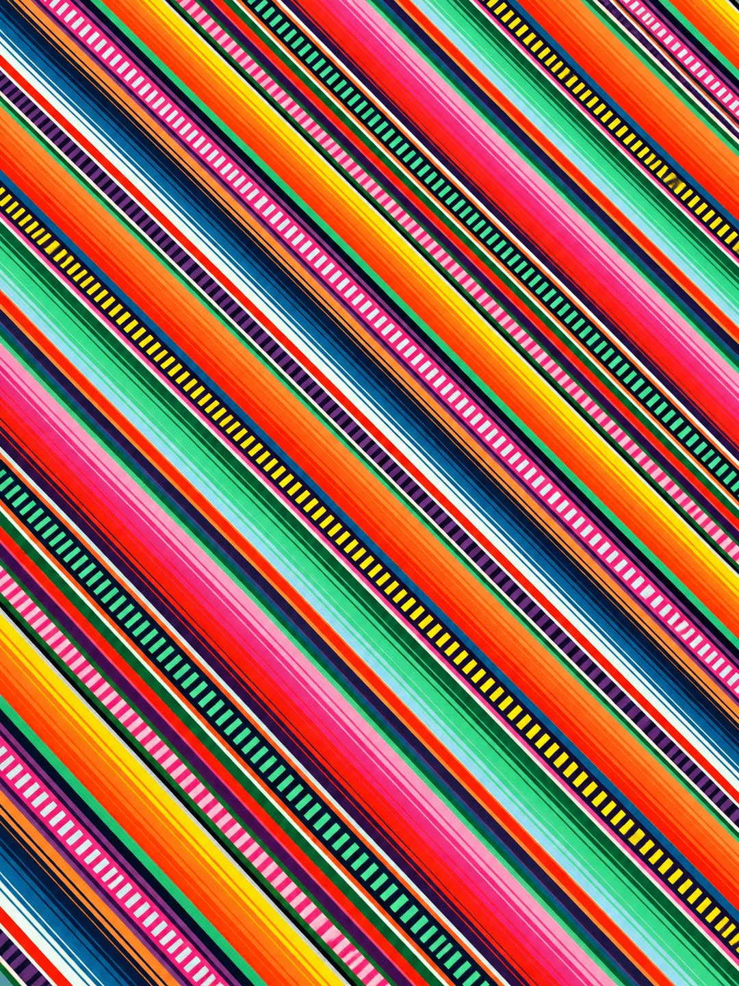 Fabric swatch of the diagonal Mexican blanket stripe, falsa sarape print in pink, tangerine, turquoise, yellow and navy with ladder details