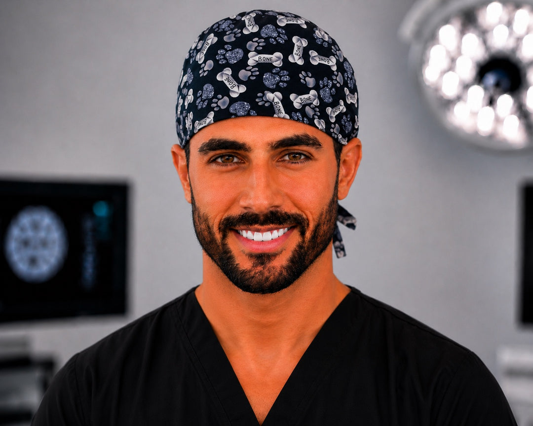 Dog bones and paw prints scrub cap on black, handmade men&