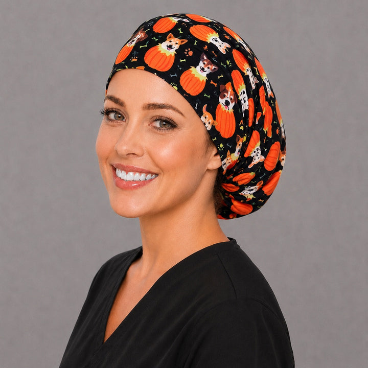 Dog in pumpkin Euro scrub cap, right angled smiling view — fall Halloween print for OR nurses and surgical techs
