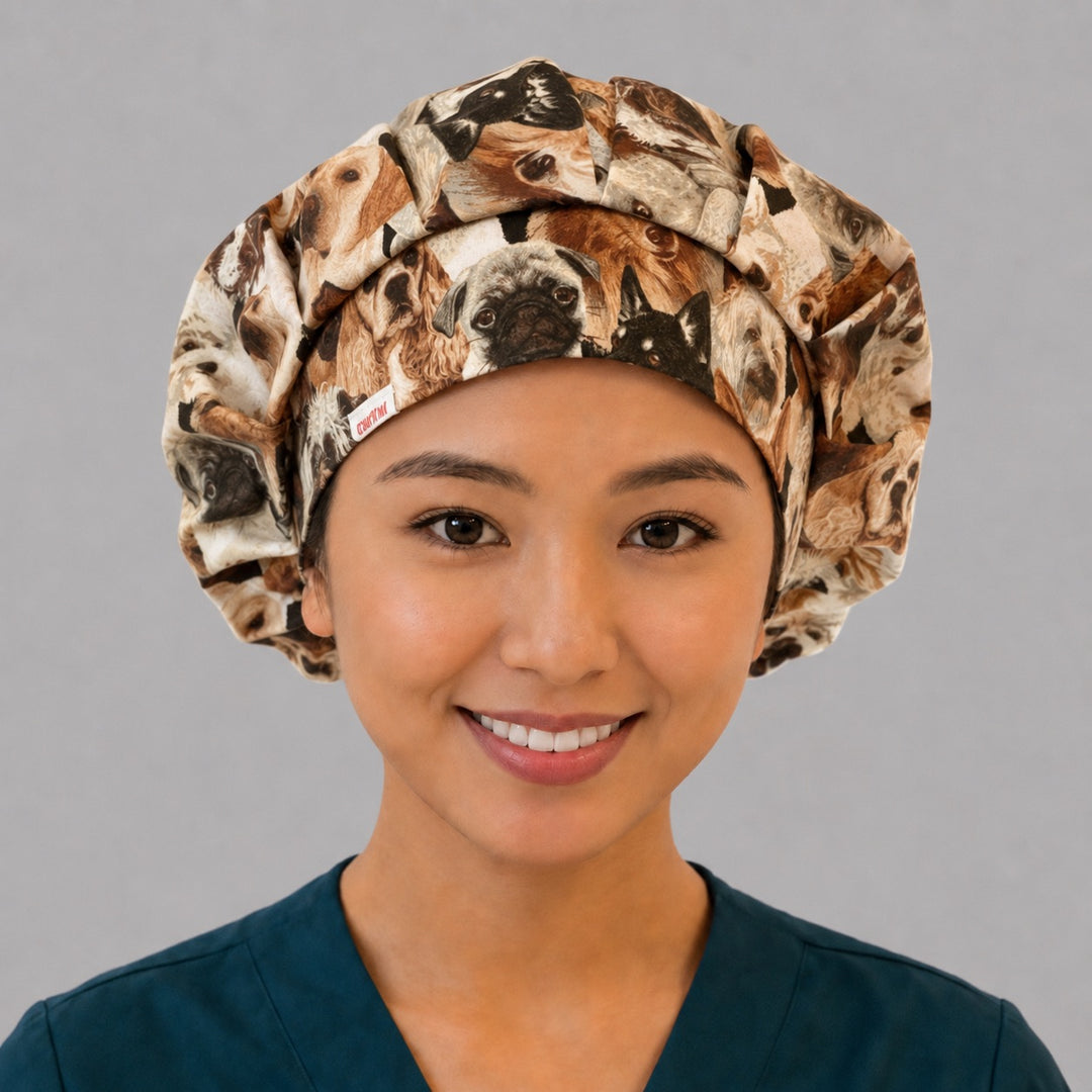 Dog lovers bouffant scrub cap for women, front view, realistic print of golden retrievers, pugs, huskies and terriers, handmade surgical hat by OR World