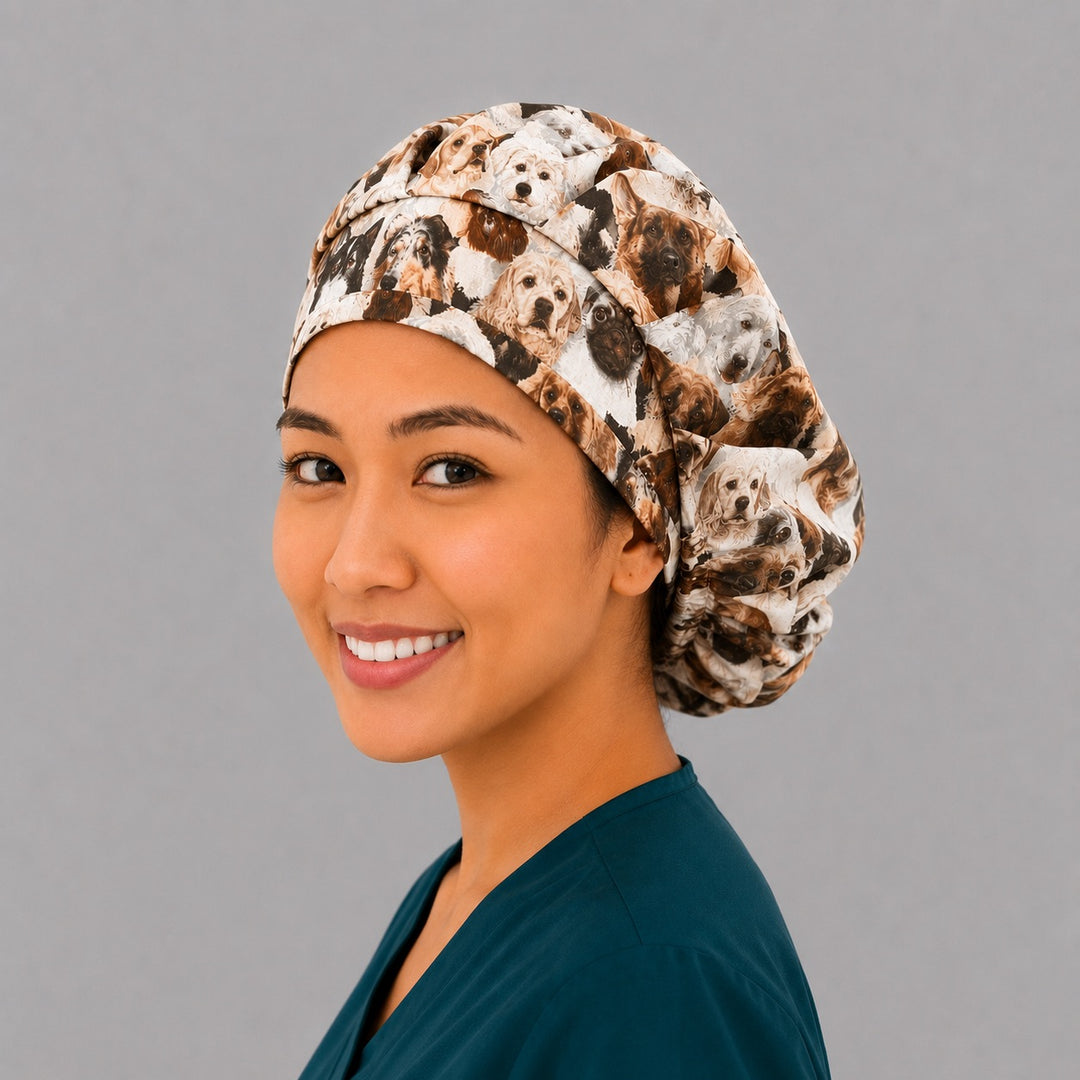 Dog lovers bouffant scrub cap left side profile showing realistic dog-breed collage print, OR World veterinary nurse surgical hat