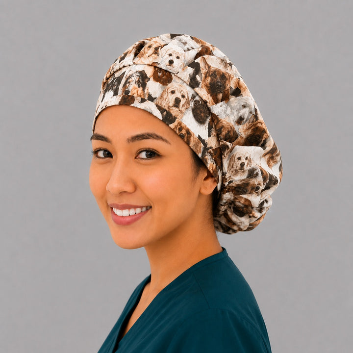 Dog lovers bouffant scrub cap left side profile showing realistic dog-breed collage print, OR World veterinary nurse surgical hat