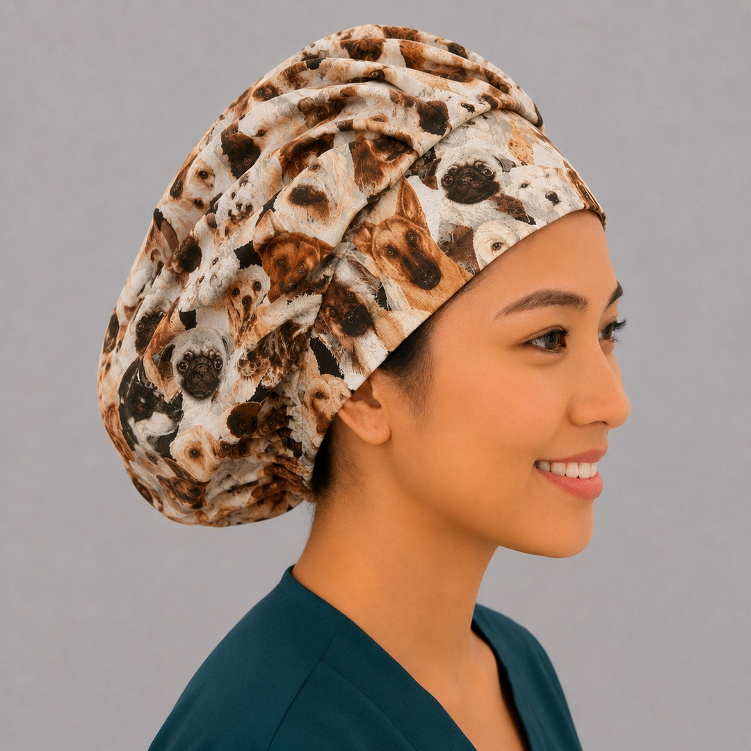 Dog lovers bouffant scrub cap right side profile showing realistic dog breeds print with pugs and shepherds, women&