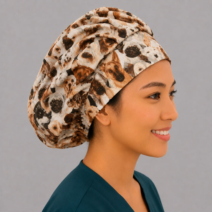 Dog lovers bouffant scrub cap right side profile showing realistic dog breeds print with pugs and shepherds, women&