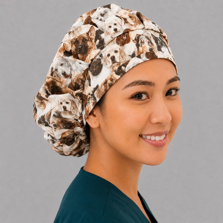 Dog lovers bouffant surgical cap right three-quarter angle on smiling model showing realistic dog-breed print, OR World vet tech nurse hat