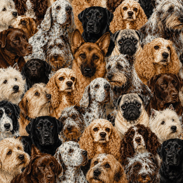 Dog lovers fabric swatch with realistic painted dog breeds, Labs pugs spaniels shepherds, men&