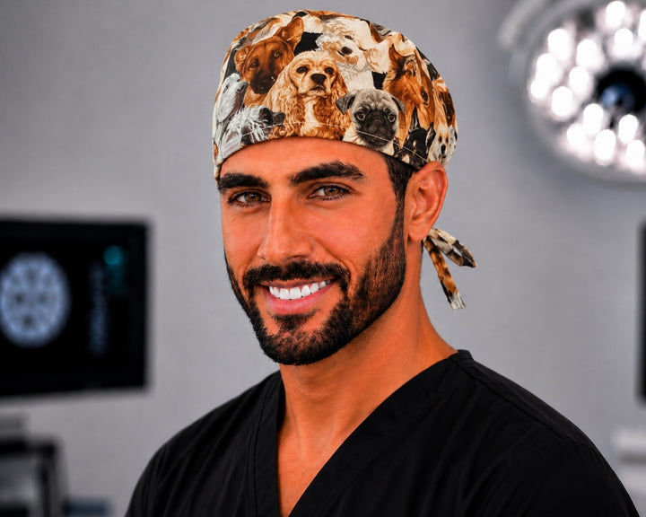 Dog lovers scrub cap with realistic dog breeds, handmade men&