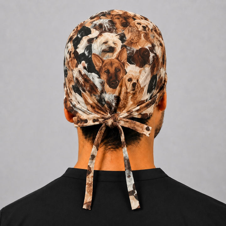 Back view of adjustable tie-back knot on dog lovers realistic breeds scrub cap surgical hat for men and vet techs