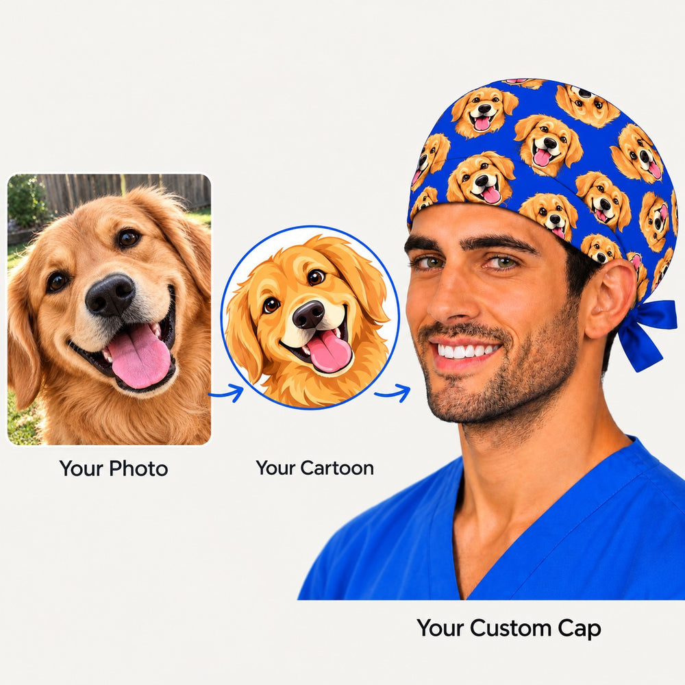 Before and after of a real golden retriever pet photo turned into a cartoon and printed on a custom pet photo scrub cap for men by OR World