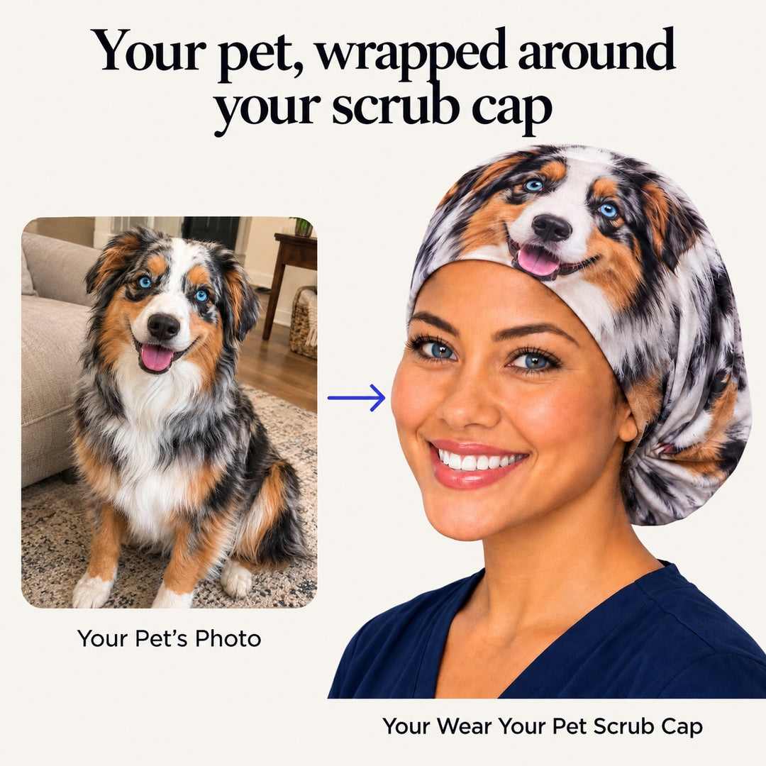 Before and after of a real dog photo made into a custom pet portrait euro surgical cap, your pet wrapped around your scrub cap