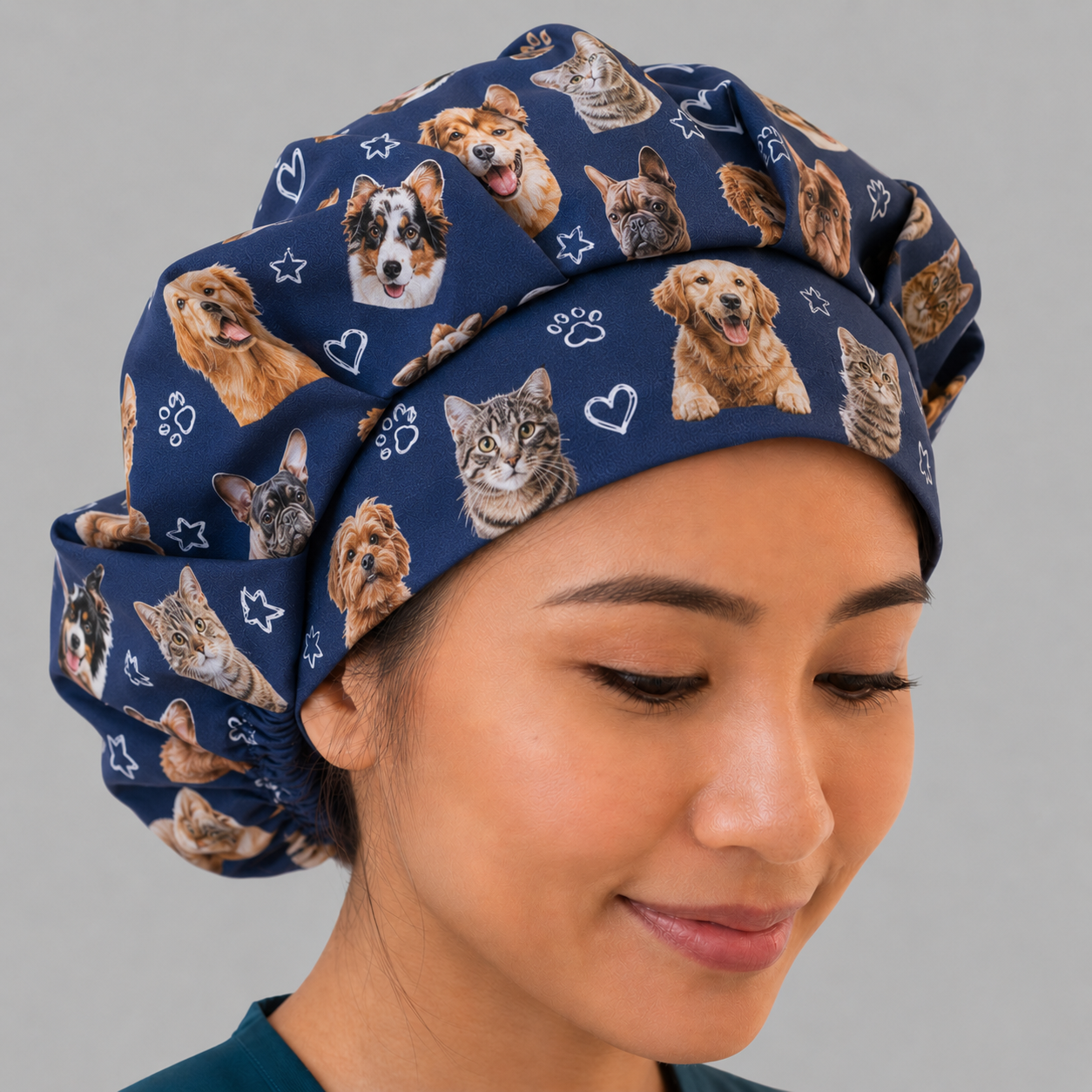 Custom photo scrub cap layout example — personalized photo bouffant surgical hat for women, navy with pet photos, paw prints & hearts, upload your own photos, OR World.