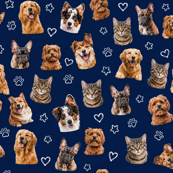 Custom photo scrub cap — personalized photo bouffant surgical hat for women, navy with uploaded dog &amp; cat photos, front view, handmade in the USA by OR World.